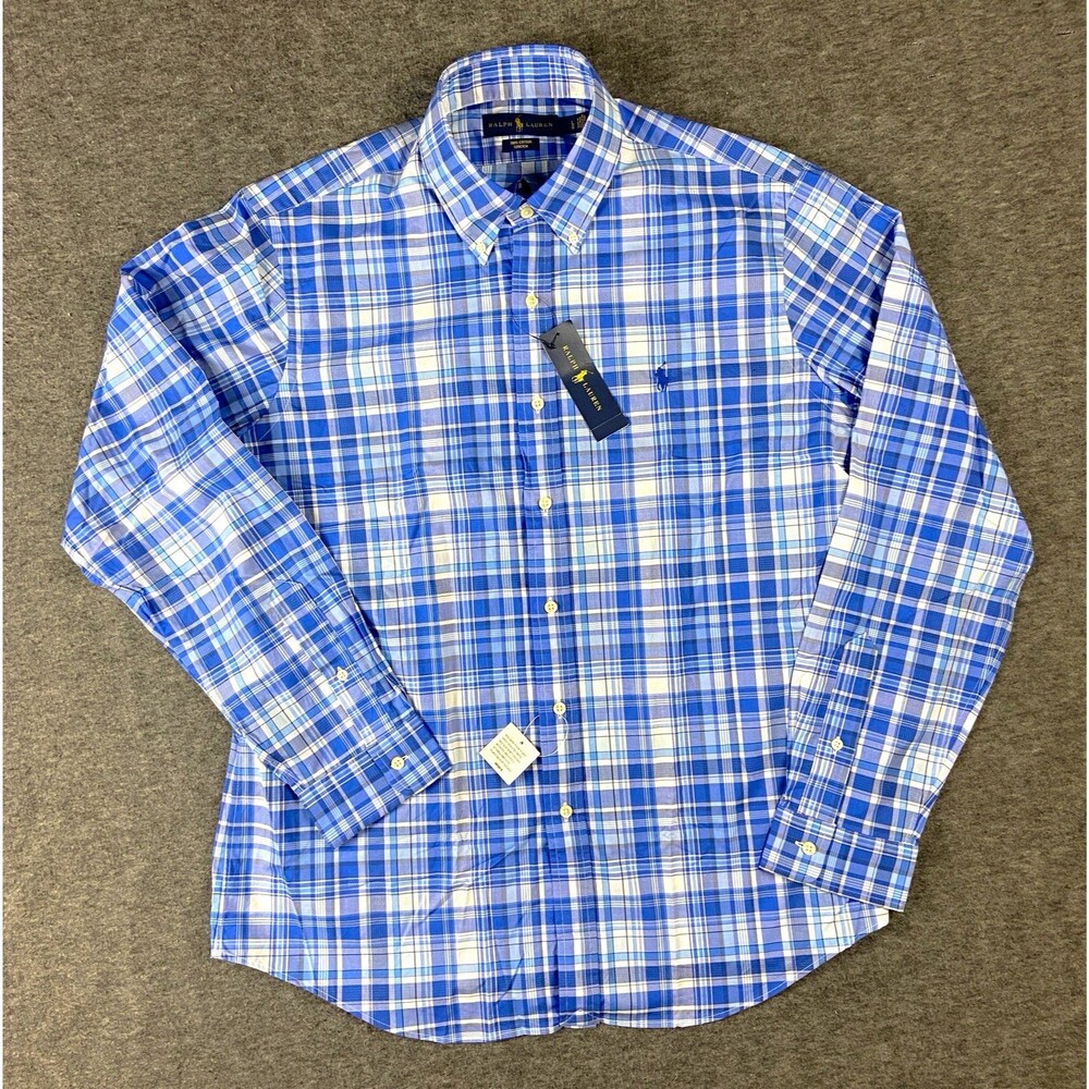 Ralph Lauren Shirt Mens L Plaid Blue White Long Sleeve Button Down Stretch New